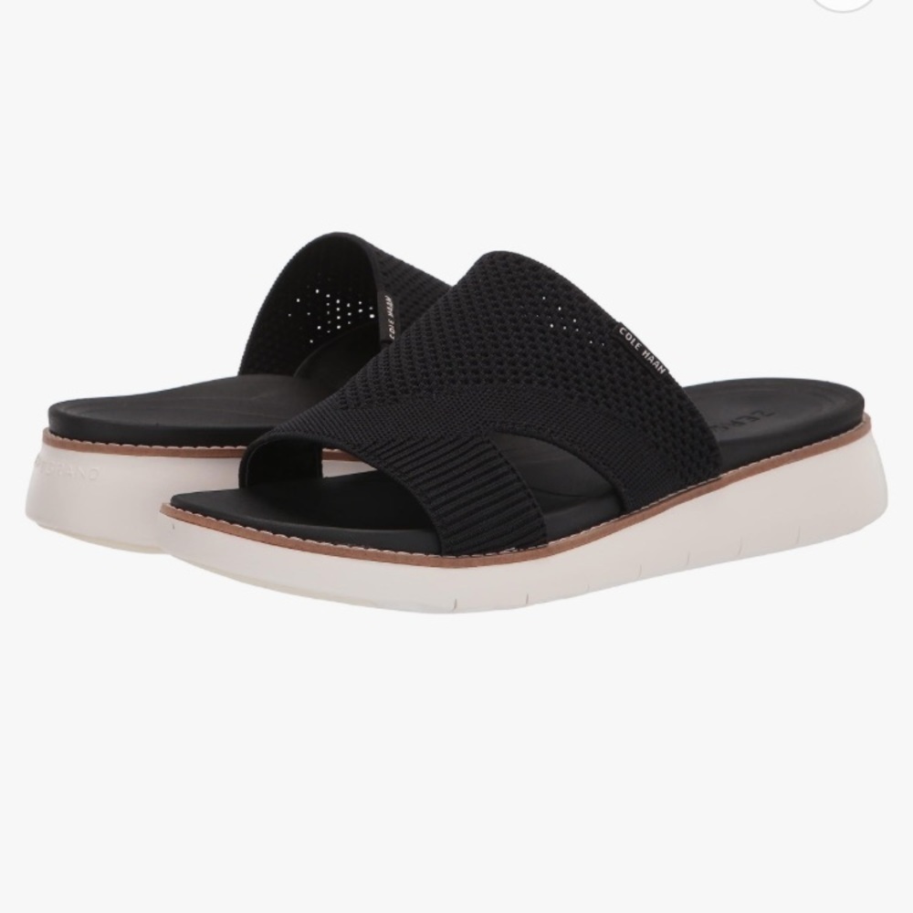 Cole Haan Zerogrand Global Stitchlite Slip On Sandal BLACK Knit/Pecan Leather